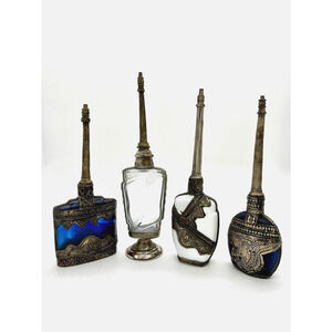 Vintage XL Moroccan Perfume Glass Bottles Sprinkler [4] Metal Filigree Cobalt